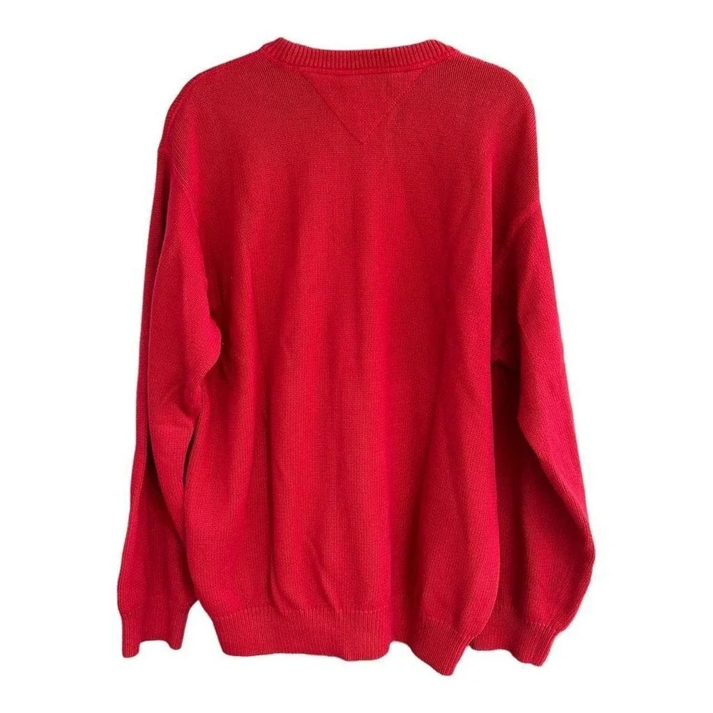 Tommy Hilfiger Mens Red Cotton Knit Crewneck Sweater Large Flag Logo Pullover